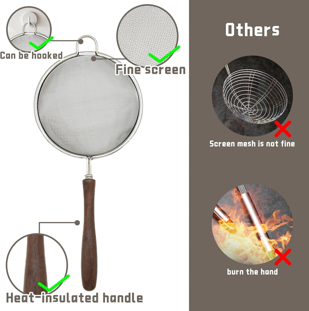 3Pcs Stainless Steel Silver Walnut Long Handle Mesh Strainer Set