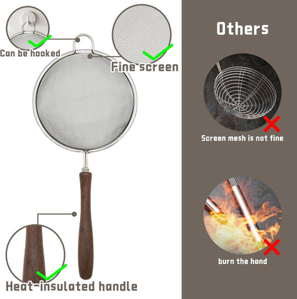 3Pcs Stainless Steel Silver Walnut Long Handle Mesh Strainer Set