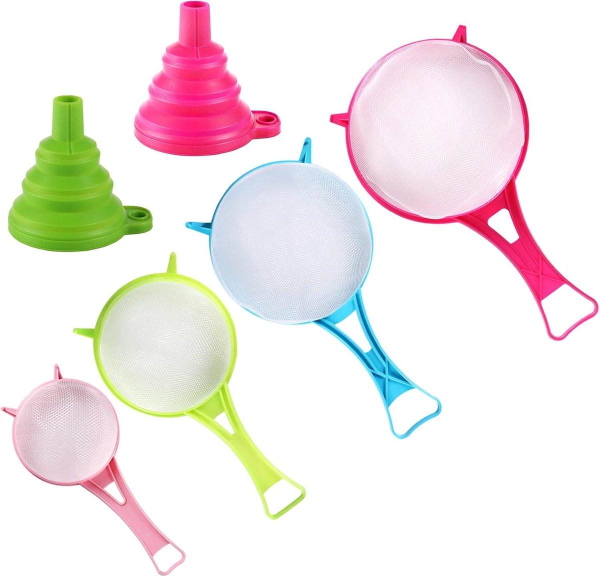 4Pcs Plastic Mesh Strainer Colander Set, Food Soy Milk Flour Sieve Long Handle Icing Sugar Sifters Fine Strainer Tea Filter and 2 Pcs Silicone Foldable Funnel for Kitchen