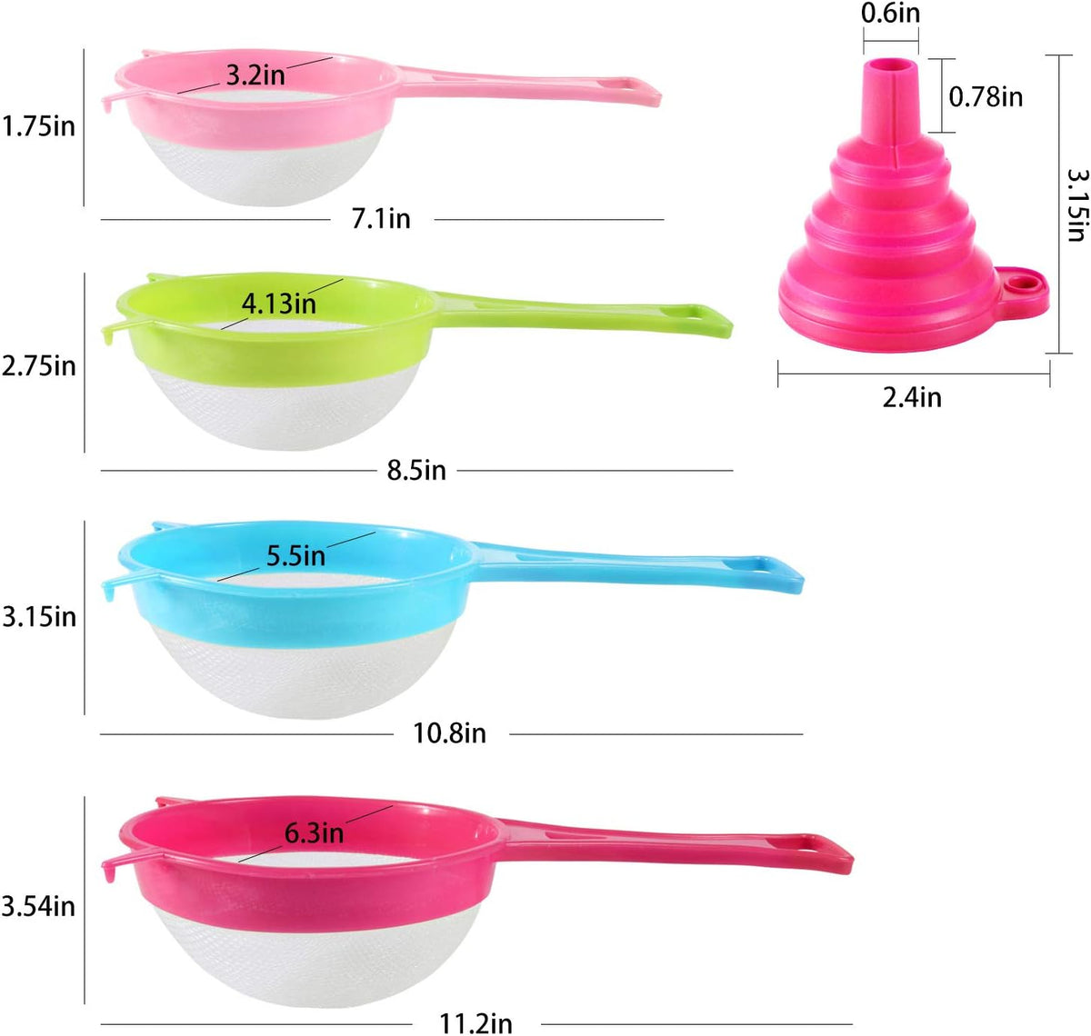 4Pcs Plastic Mesh Strainer Colander Set, Food Soy Milk Flour Sieve Long Handle Icing Sugar Sifters Fine Strainer Tea Filter and 2 Pcs Silicone Foldable Funnel for Kitchen