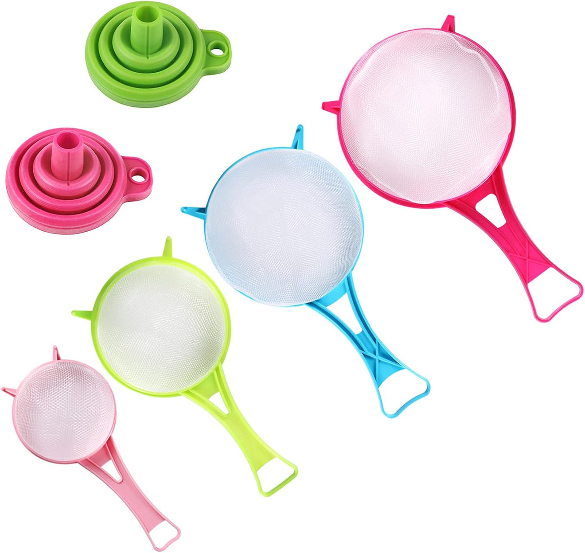 4Pcs Plastic Mesh Strainer Colander Set, Food Soy Milk Flour Sieve Long Handle Icing Sugar Sifters Fine Strainer Tea Filter and 2 Pcs Silicone Foldable Funnel for Kitchen