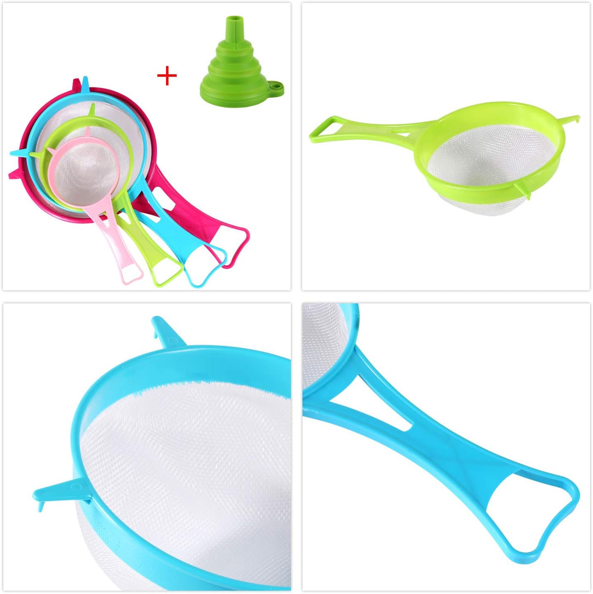 4Pcs Plastic Mesh Strainer Colander Set, Food Soy Milk Flour Sieve Long Handle Icing Sugar Sifters Fine Strainer Tea Filter and 2 Pcs Silicone Foldable Funnel for Kitchen
