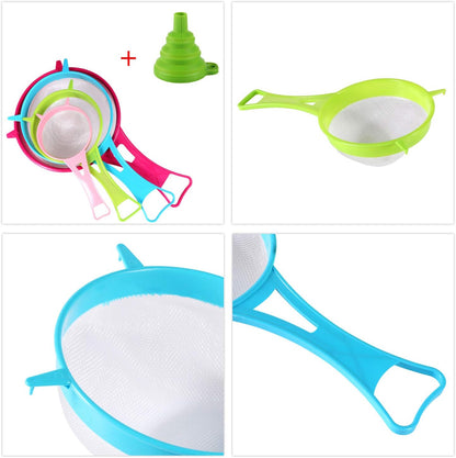 4Pcs Plastic Mesh Strainer Colander Set, Food Soy Milk Flour Sieve Long Handle Icing Sugar Sifters Fine Strainer Tea Filter and 2 Pcs Silicone Foldable Funnel for Kitchen