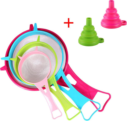 4Pcs Plastic Mesh Strainer Colander Set, Food Soy Milk Flour Sieve Long Handle Icing Sugar Sifters Fine Strainer Tea Filter and 2 Pcs Silicone Foldable Funnel for Kitchen