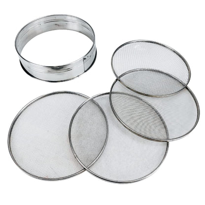 8" Soil Sieves Set | 5 Pc Set Includes 1 Stainless Steel Frame + 4 Sieve Screens | Screen Sizes 0.5mm, 1mm, 2mm, 3mm | Great for Sifting Rocks, Seeds, Dirt, Compost and Potting Soil