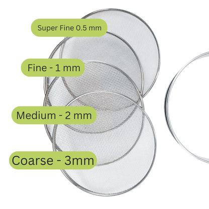 8" Soil Sieves Set | 5 Pc Set Includes 1 Stainless Steel Frame + 4 Sieve Screens | Screen Sizes 0.5mm, 1mm, 2mm, 3mm | Great for Sifting Rocks, Seeds, Dirt, Compost and Potting Soil