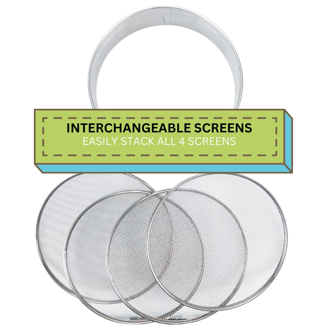 8" Soil Sieves Set | 5 Pc Set Includes 1 Stainless Steel Frame + 4 Sieve Screens | Screen Sizes 0.5mm, 1mm, 2mm, 3mm | Great for Sifting Rocks, Seeds, Dirt, Compost and Potting Soil