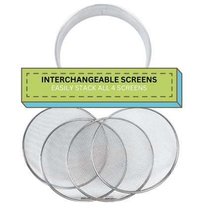 8" Soil Sieves Set | 5 Pc Set Includes 1 Stainless Steel Frame + 4 Sieve Screens | Screen Sizes 0.5mm, 1mm, 2mm, 3mm | Great for Sifting Rocks, Seeds, Dirt, Compost and Potting Soil