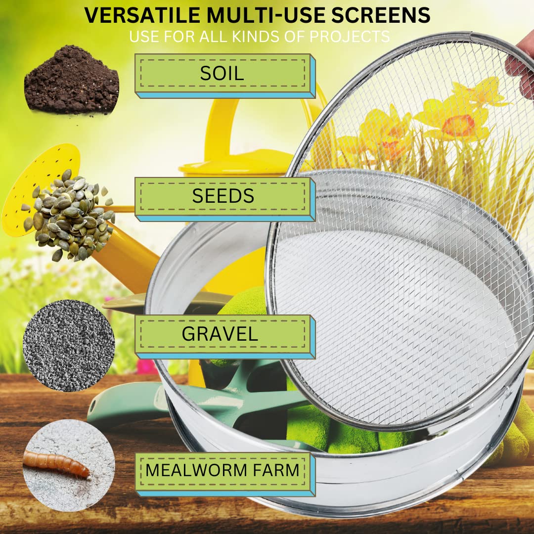 8" Soil Sieves Set | 5 Pc Set Includes 1 Stainless Steel Frame + 4 Sieve Screens | Screen Sizes 0.5mm, 1mm, 2mm, 3mm | Great for Sifting Rocks, Seeds, Dirt, Compost and Potting Soil