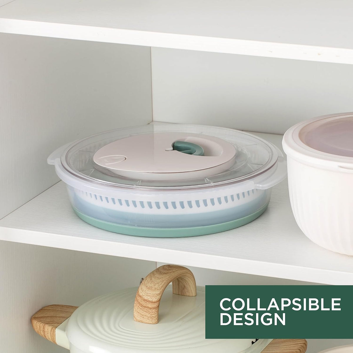Collapsible Salad Spinner - 4 QT Space Saving Lettuce Dryer with Folding Collapsible Colander Great for Washing and Drying Fruit and Vegetables (Sage)
