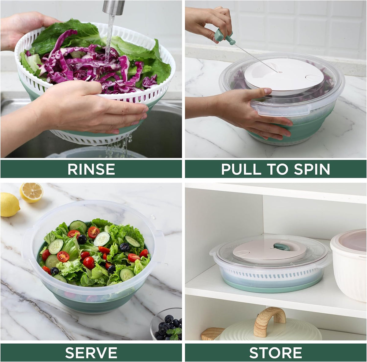 Collapsible Salad Spinner - 4 QT Space Saving Lettuce Dryer with Folding Collapsible Colander Great for Washing and Drying Fruit and Vegetables (Sage)