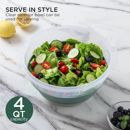 Collapsible Salad Spinner - 4 QT Space Saving Lettuce Dryer with Folding Collapsible Colander Great for Washing and Drying Fruit and Vegetables (Sage)