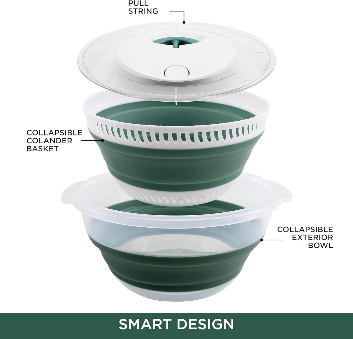 Collapsible Salad Spinner - 4 QT Space Saving Lettuce Dryer with Folding Collapsible Colander Great for Washing and Drying Fruit and Vegetables (Sage)