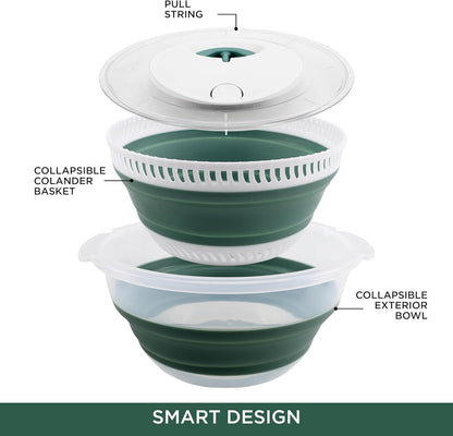 Collapsible Salad Spinner - 4 QT Space Saving Lettuce Dryer with Folding Collapsible Colander Great for Washing and Drying Fruit and Vegetables (Sage)