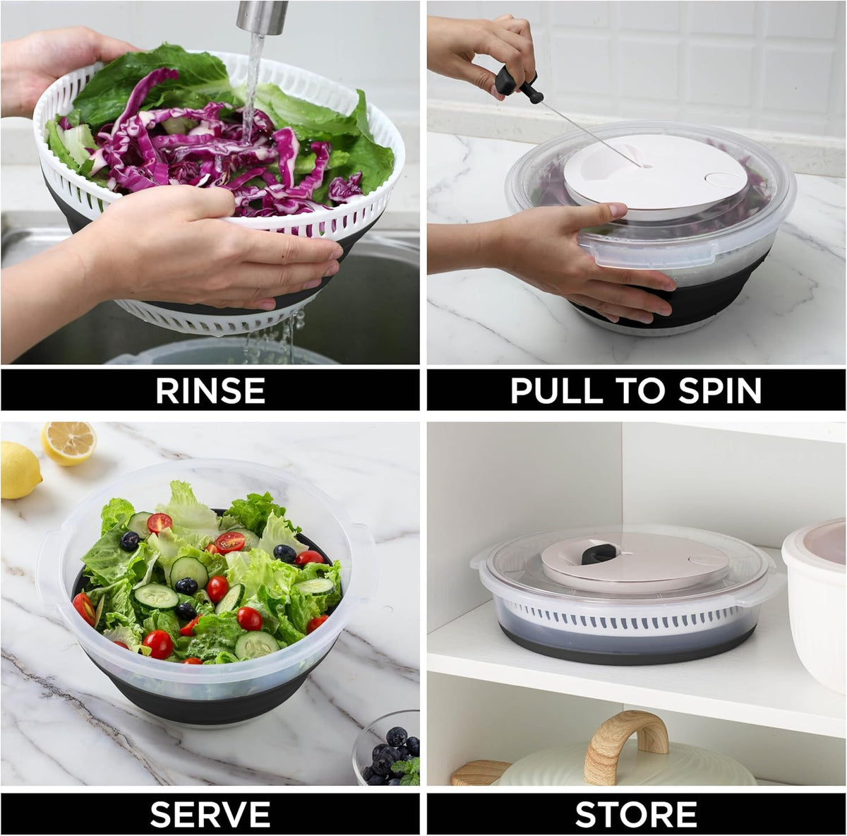 Collapsible Salad Spinner - 4 QT Space Saving Lettuce Dryer with Folding Collapsible Colander Great for Washing and Drying Fruit and Vegetables (Sage)
