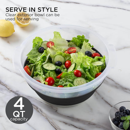 Collapsible Salad Spinner - 4 QT Space Saving Lettuce Dryer with Folding Collapsible Colander Great for Washing and Drying Fruit and Vegetables (Sage)