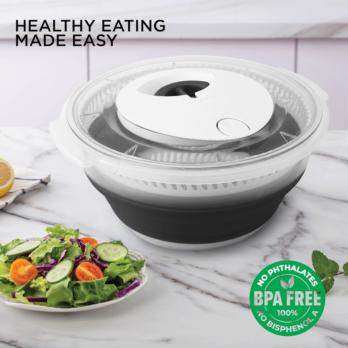 Collapsible Salad Spinner - 4 QT Space Saving Lettuce Dryer with Folding Collapsible Colander Great for Washing and Drying Fruit and Vegetables (Sage)