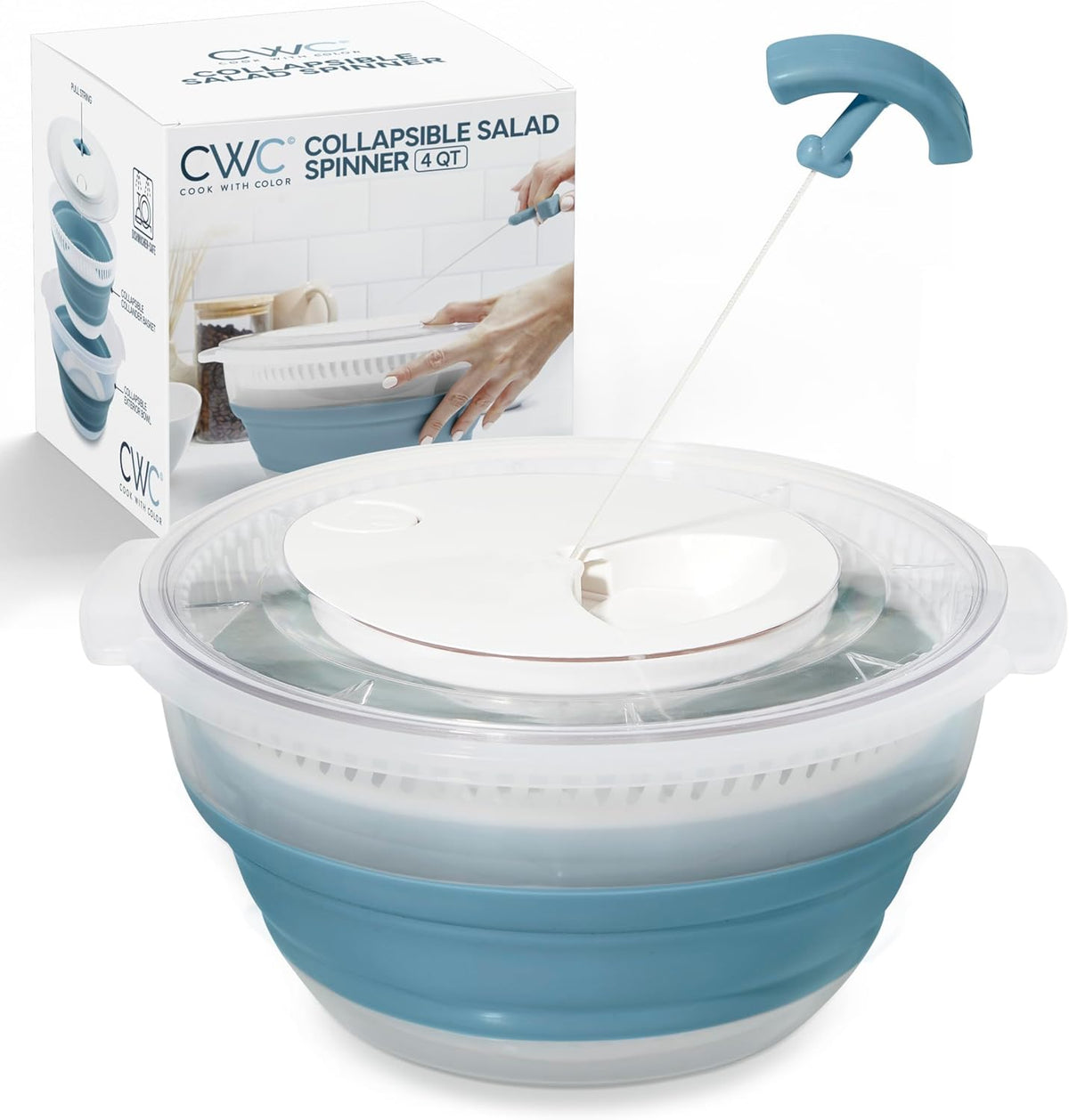 Collapsible Salad Spinner - 4 QT Space Saving Lettuce Dryer with Folding Collapsible Colander Great for Washing and Drying Fruit and Vegetables (Sage)