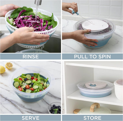 Collapsible Salad Spinner - 4 QT Space Saving Lettuce Dryer with Folding Collapsible Colander Great for Washing and Drying Fruit and Vegetables (Sage)