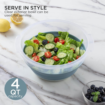 Collapsible Salad Spinner - 4 QT Space Saving Lettuce Dryer with Folding Collapsible Colander Great for Washing and Drying Fruit and Vegetables (Sage)