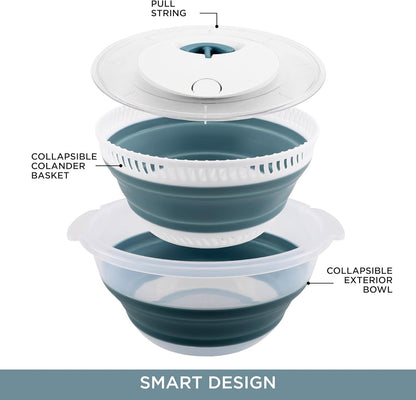 Collapsible Salad Spinner - 4 QT Space Saving Lettuce Dryer with Folding Collapsible Colander Great for Washing and Drying Fruit and Vegetables (Sage)