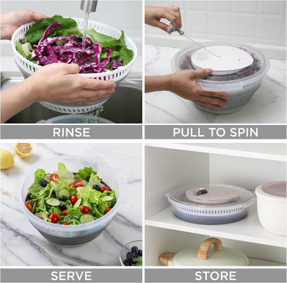 Collapsible Salad Spinner - 4 QT Space Saving Lettuce Dryer with Folding Collapsible Colander Great for Washing and Drying Fruit and Vegetables (Sage)