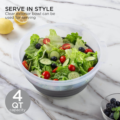 Collapsible Salad Spinner - 4 QT Space Saving Lettuce Dryer with Folding Collapsible Colander Great for Washing and Drying Fruit and Vegetables (Sage)