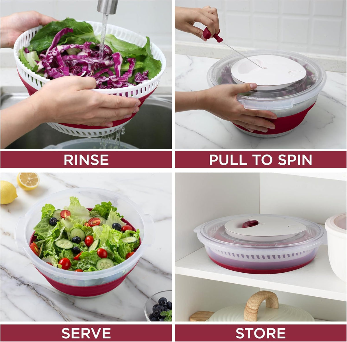 Collapsible Salad Spinner - 4 QT Space Saving Lettuce Dryer with Folding Collapsible Colander Great for Washing and Drying Fruit and Vegetables (Sage)