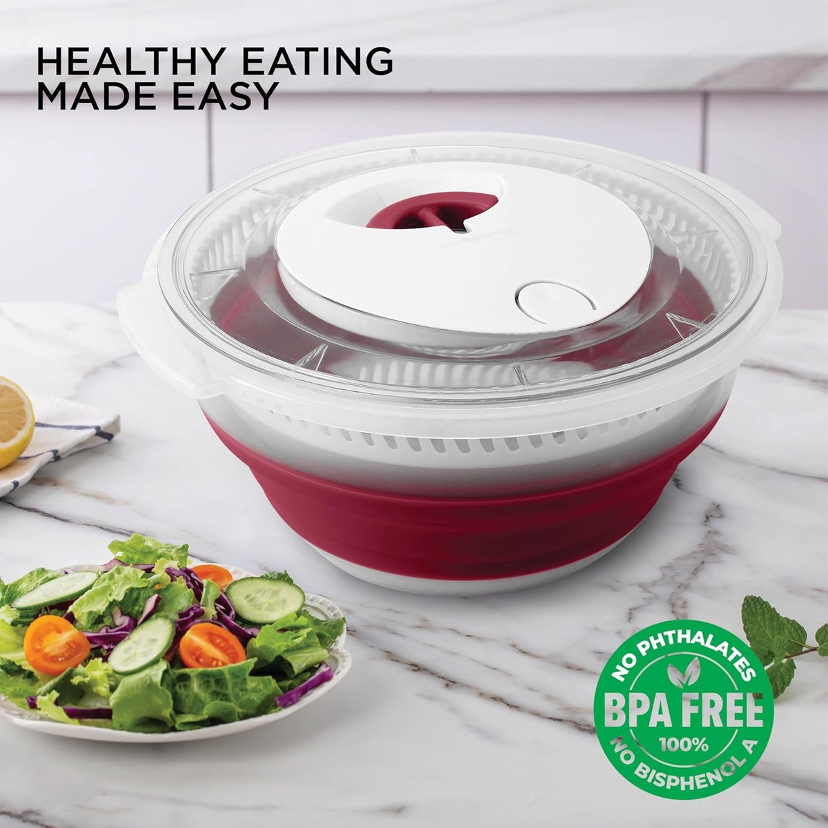Collapsible Salad Spinner - 4 QT Space Saving Lettuce Dryer with Folding Collapsible Colander Great for Washing and Drying Fruit and Vegetables (Sage)