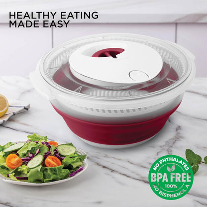 Collapsible Salad Spinner - 4 QT Space Saving Lettuce Dryer with Folding Collapsible Colander Great for Washing and Drying Fruit and Vegetables (Sage)