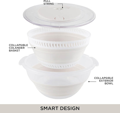 Collapsible Salad Spinner - 4 QT Space Saving Lettuce Dryer with Folding Collapsible Colander Great for Washing and Drying Fruit and Vegetables (Sage)