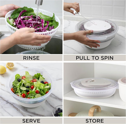Collapsible Salad Spinner - 4 QT Space Saving Lettuce Dryer with Folding Collapsible Colander Great for Washing and Drying Fruit and Vegetables (Sage)