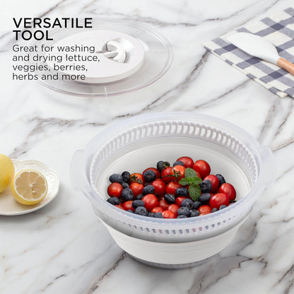 Collapsible Salad Spinner - 4 QT Space Saving Lettuce Dryer with Folding Collapsible Colander Great for Washing and Drying Fruit and Vegetables (Sage)