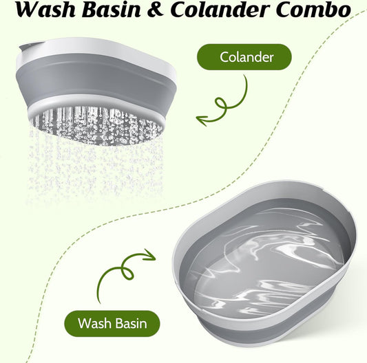 2 in 1 Collapsible Washing Basin and Food Strainer Set - 3.1 QT (3L) Plastic Collapsible Colander for Kitchen Veggies - Fruit Washing Bowl with Strainer