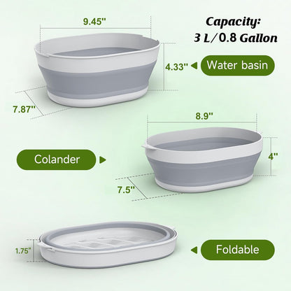 2 in 1 Collapsible Washing Basin and Food Strainer Set - 3.1 QT (3L) Plastic Collapsible Colander for Kitchen Veggies - Fruit Washing Bowl with Strainer