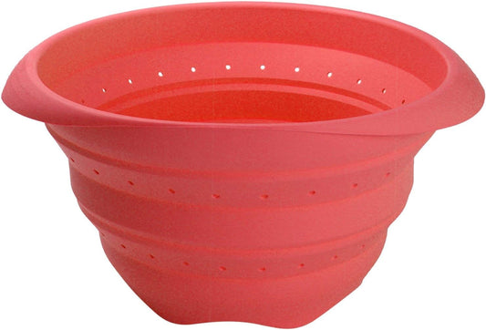 Collapsible Colander, 9 Inch - Compact Silicone Food Strainer, Space-Saving Kitchen Strainer for Pasta, Fruits, Vegetables - BPA-Free & Durable Anti-Slip Handles, Easy to Store & Clean (Red)