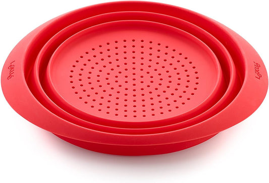 Collapsible Colander, 9 Inch - Compact Silicone Food Strainer, Space-Saving Kitchen Strainer for Pasta, Fruits, Vegetables - BPA-Free & Durable Anti-Slip Handles, Easy to Store & Clean (Red)