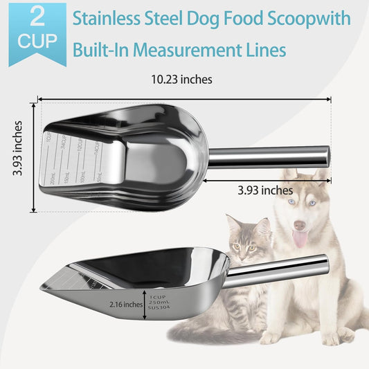 Dog-Cat Food Scoop 1 Cup – Thickened 304 Stainless Steel Pet Food Scoop with Long Handle, Precision Scale, Easy to Clean, Suitable for Wet Dry Food