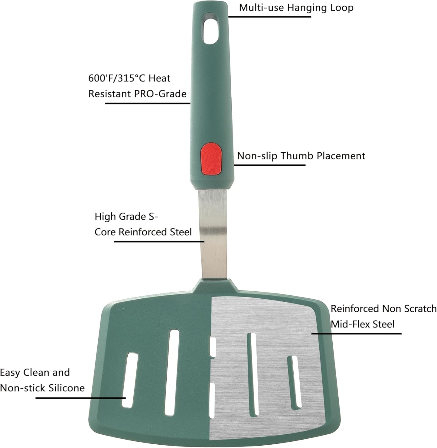 Silicone Wide Pancake Spatula, Slotted Turner for Flip Egg, Fish, Steak | Dishwasher Safe