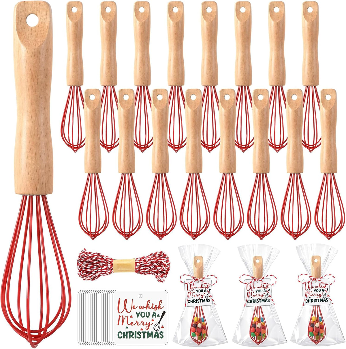 20 Sets Baking Gifts Set Includes 8 Inch Silicone Whisk with Wood Handle Wired Stainless Steel Whisk Set Greeting Cards Plastic Bags for Party Birthday Christmas Stuffers Gift(Red)