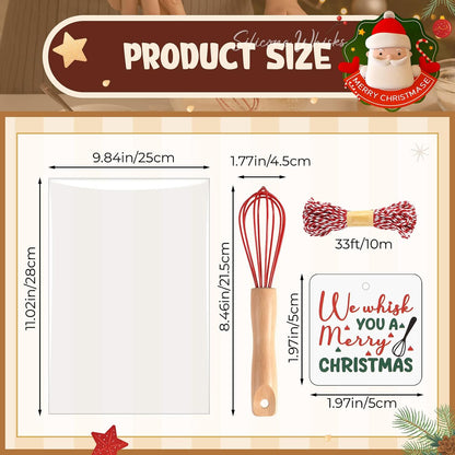 20 Sets Baking Gifts Set Includes 8 Inch Silicone Whisk with Wood Handle Wired Stainless Steel Whisk Set Greeting Cards Plastic Bags for Party Birthday Christmas Stuffers Gift(Red)