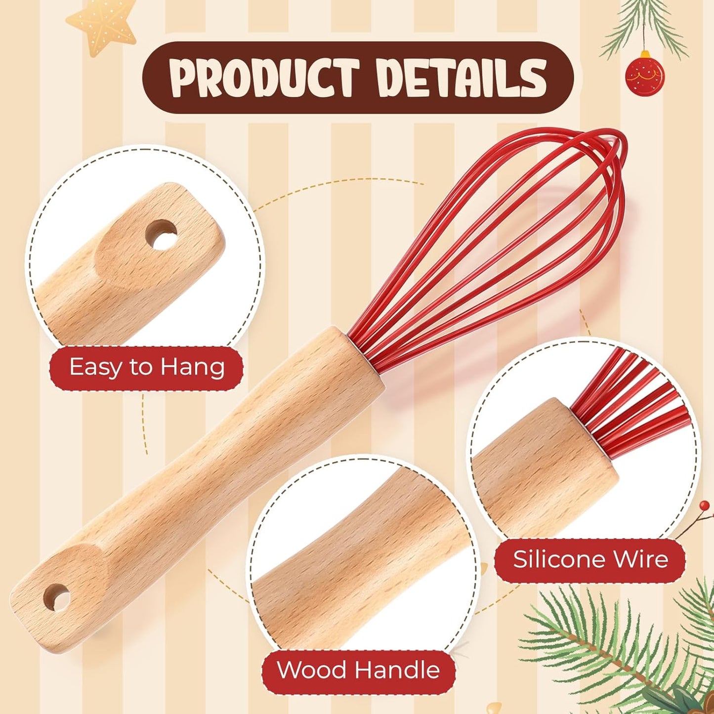 20 Sets Baking Gifts Set Includes 8 Inch Silicone Whisk with Wood Handle Wired Stainless Steel Whisk Set Greeting Cards Plastic Bags for Party Birthday Christmas Stuffers Gift(Red)