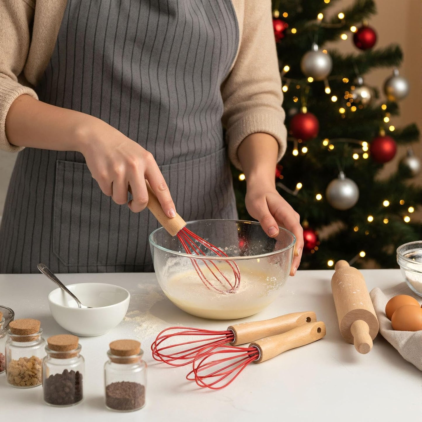 20 Sets Baking Gifts Set Includes 8 Inch Silicone Whisk with Wood Handle Wired Stainless Steel Whisk Set Greeting Cards Plastic Bags for Party Birthday Christmas Stuffers Gift(Red)