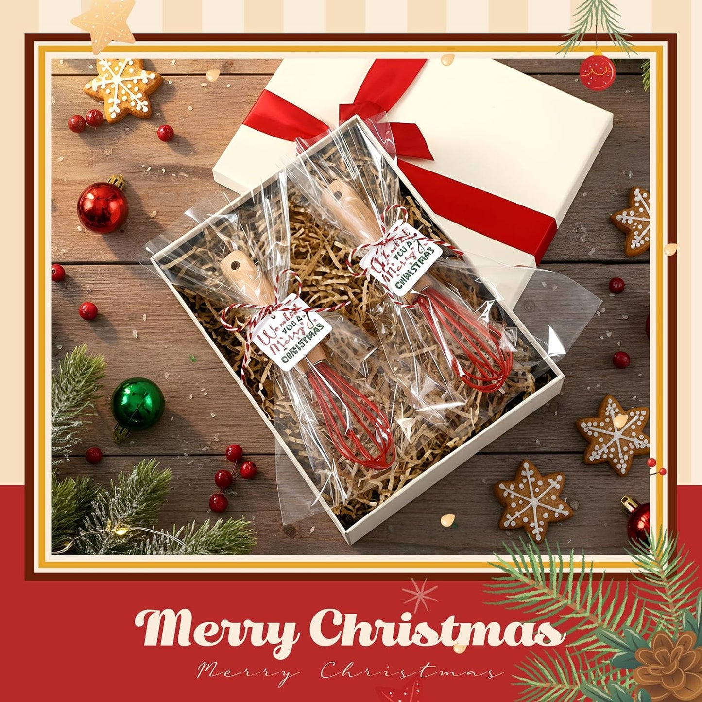 20 Sets Baking Gifts Set Includes 8 Inch Silicone Whisk with Wood Handle Wired Stainless Steel Whisk Set Greeting Cards Plastic Bags for Party Birthday Christmas Stuffers Gift(Red)