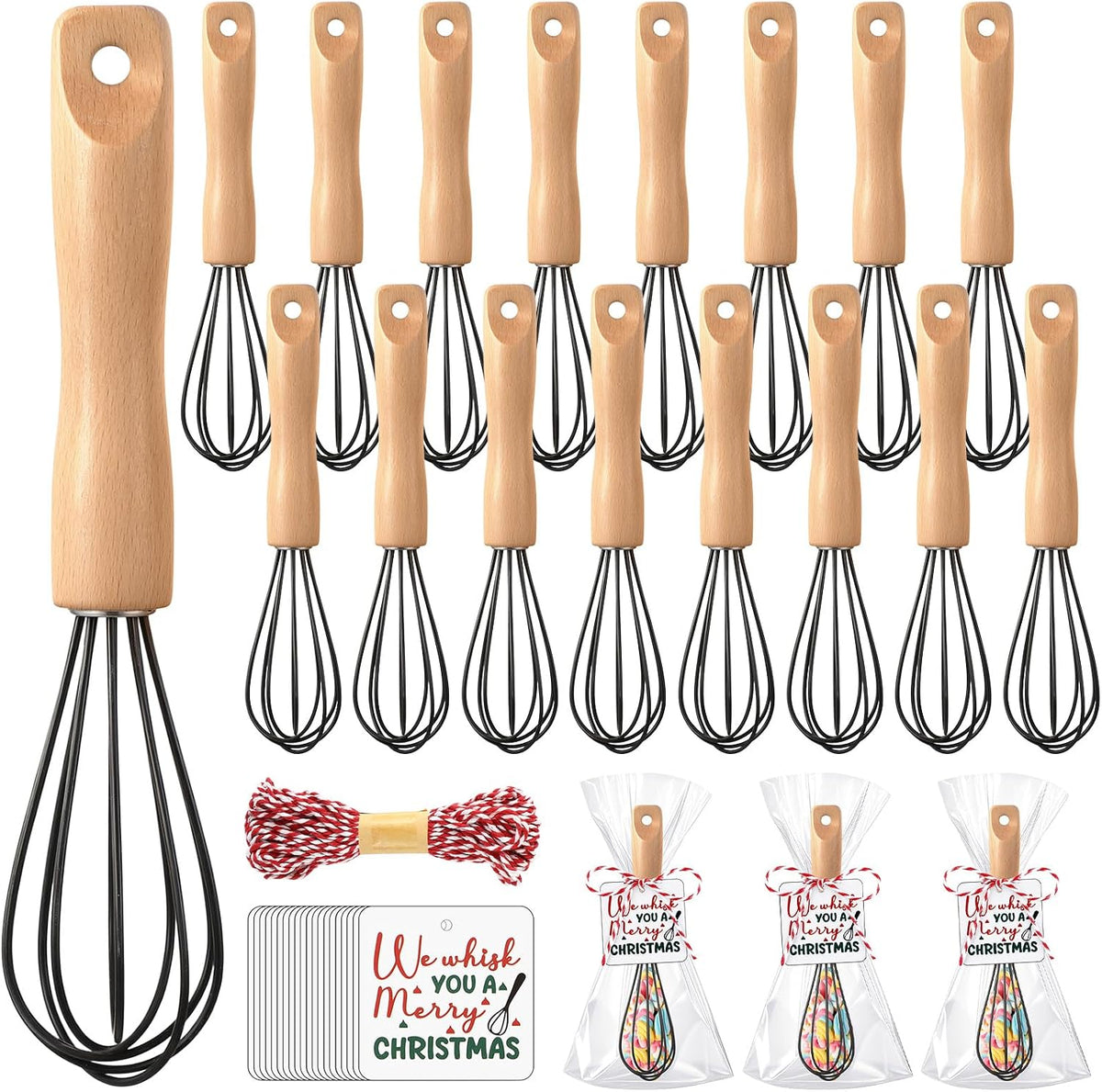 20 Sets Baking Gifts Set Includes 8 Inch Silicone Whisk with Wood Handle Wired Stainless Steel Whisk Set Greeting Cards Plastic Bags for Party Birthday Christmas Stuffers Gift(Red)