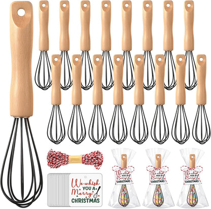 20 Sets Baking Gifts Set Includes 8 Inch Silicone Whisk with Wood Handle Wired Stainless Steel Whisk Set Greeting Cards Plastic Bags for Party Birthday Christmas Stuffers Gift(Red)