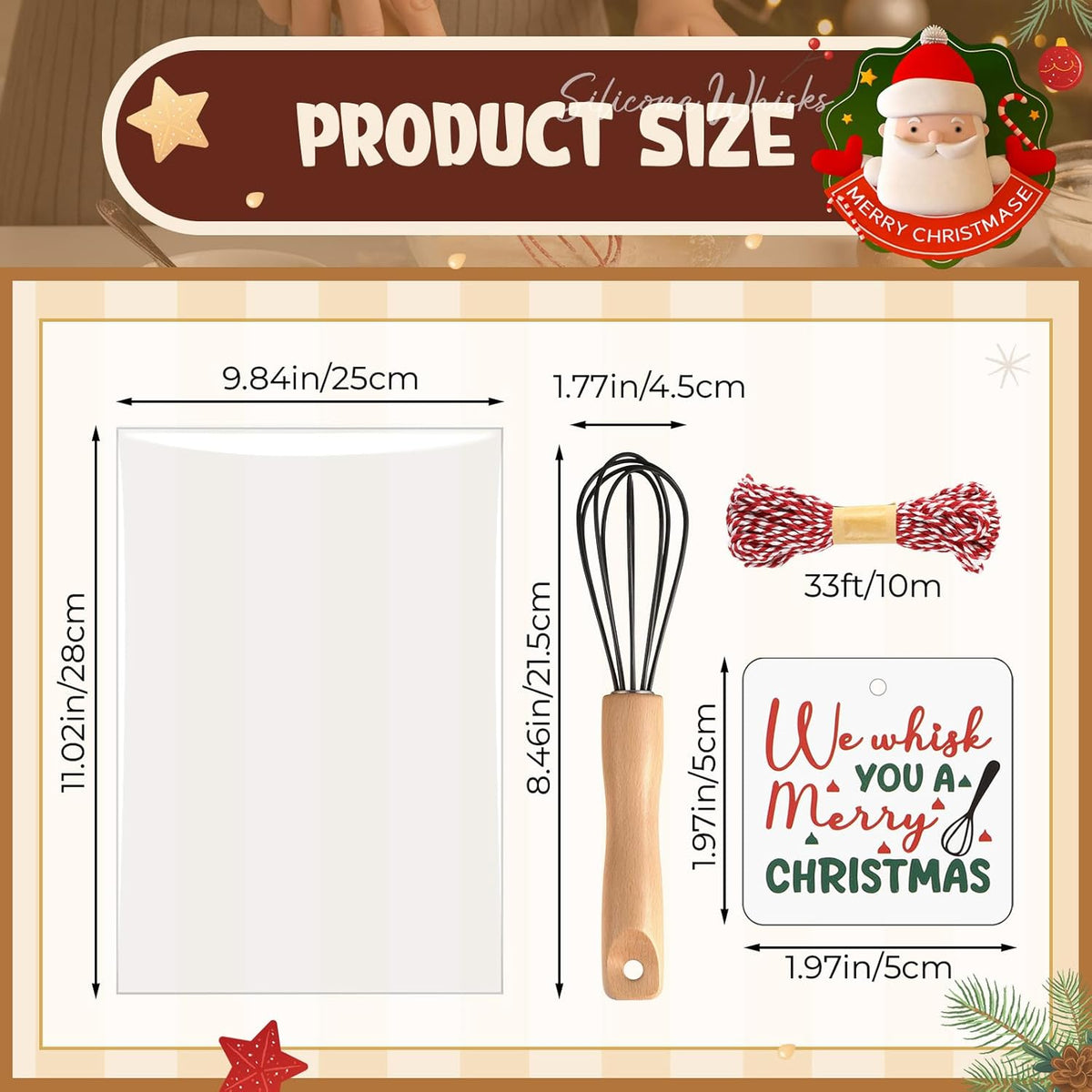 20 Sets Baking Gifts Set Includes 8 Inch Silicone Whisk with Wood Handle Wired Stainless Steel Whisk Set Greeting Cards Plastic Bags for Party Birthday Christmas Stuffers Gift(Red)