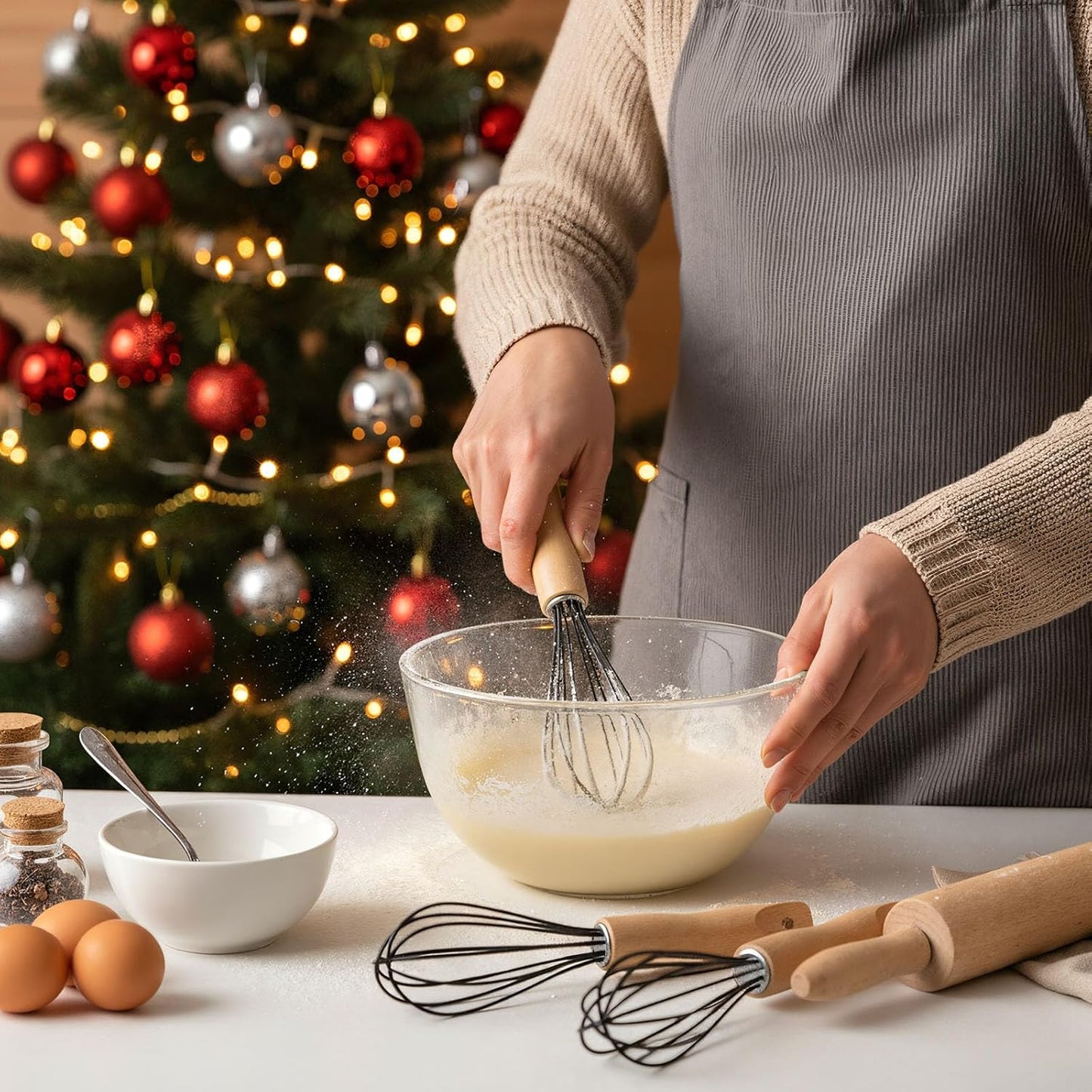 20 Sets Baking Gifts Set Includes 8 Inch Silicone Whisk with Wood Handle Wired Stainless Steel Whisk Set Greeting Cards Plastic Bags for Party Birthday Christmas Stuffers Gift(Red)