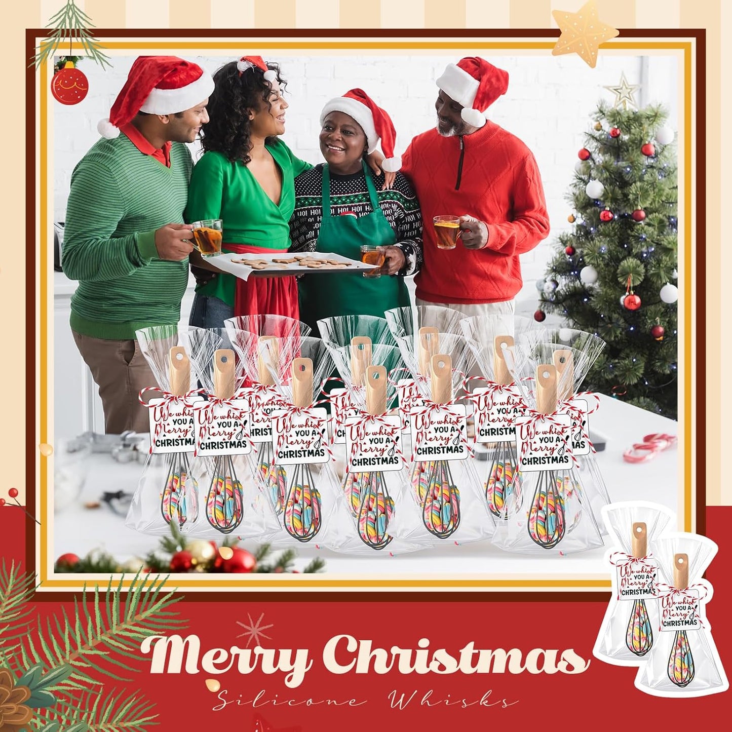 20 Sets Baking Gifts Set Includes 8 Inch Silicone Whisk with Wood Handle Wired Stainless Steel Whisk Set Greeting Cards Plastic Bags for Party Birthday Christmas Stuffers Gift(Red)