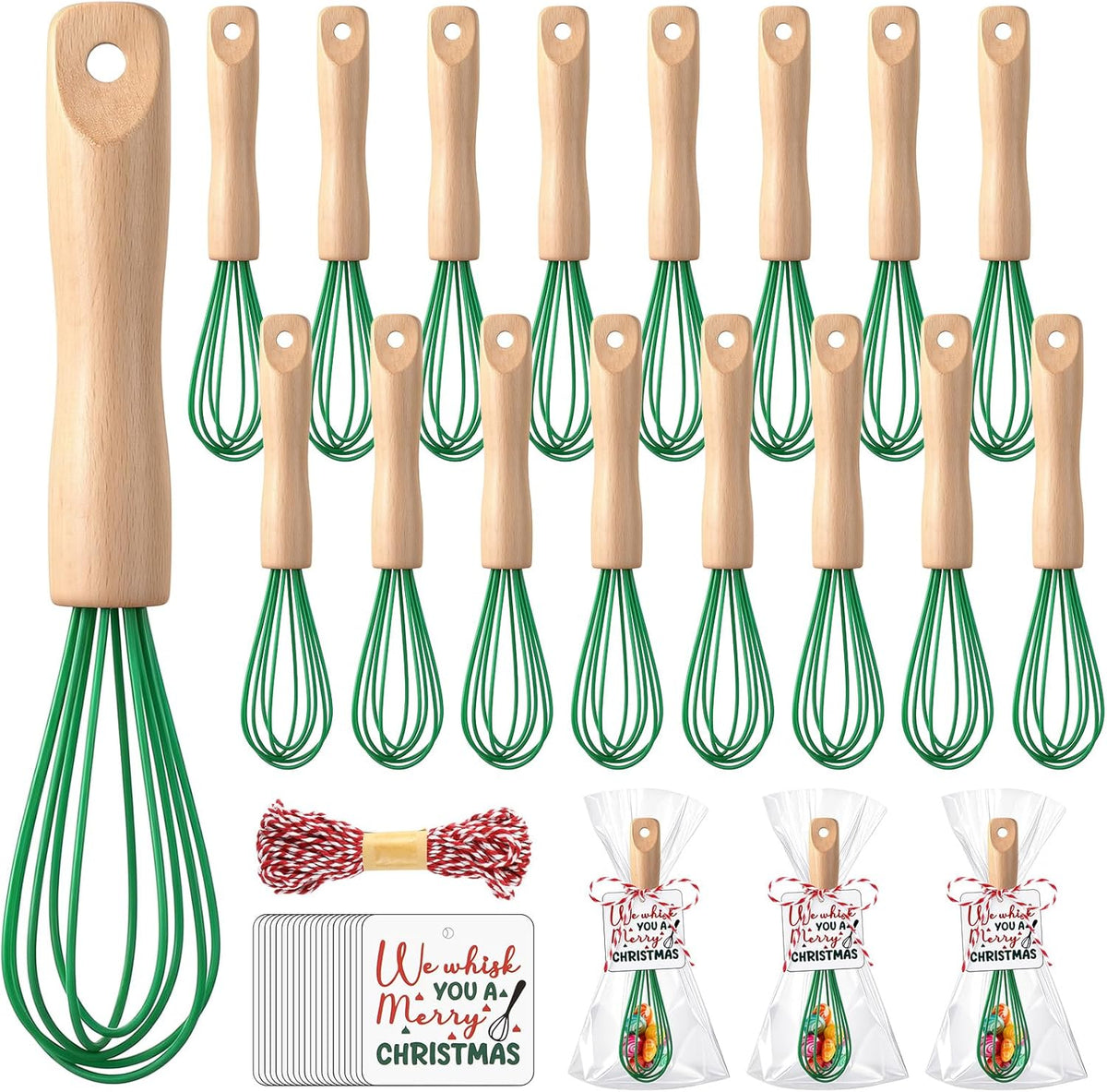 20 Sets Baking Gifts Set Includes 8 Inch Silicone Whisk with Wood Handle Wired Stainless Steel Whisk Set Greeting Cards Plastic Bags for Party Birthday Christmas Stuffers Gift(Red)